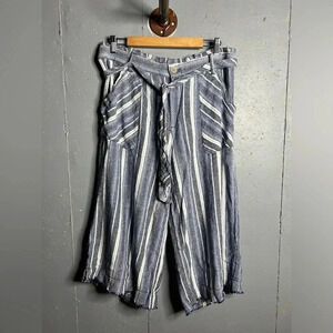 Democracy Navy White Stripe Linen Crop Paper Bag Waist High Rise Pant